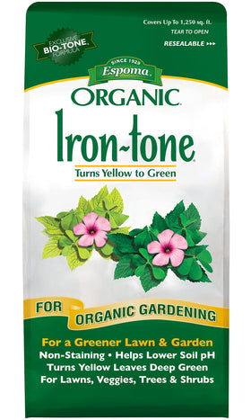 Espoma Iron-Tone 3-0-3 fertilizer bag front view for chlorosis relief
