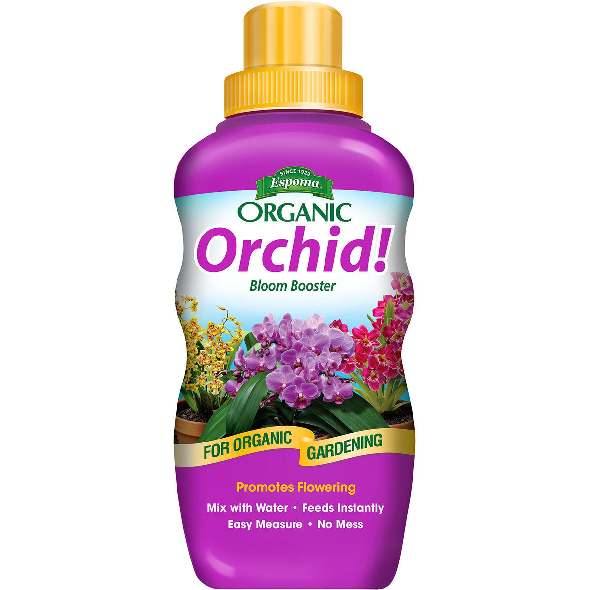 Espoma Orchid! bottle being poured for easy feeding and healthy blooms.