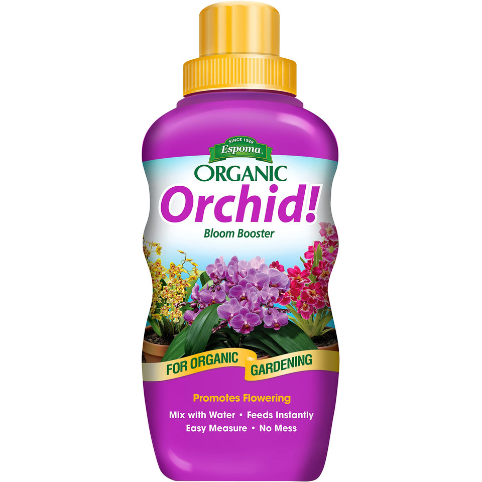 Espoma Orchid! bottle being poured for easy feeding and healthy blooms.