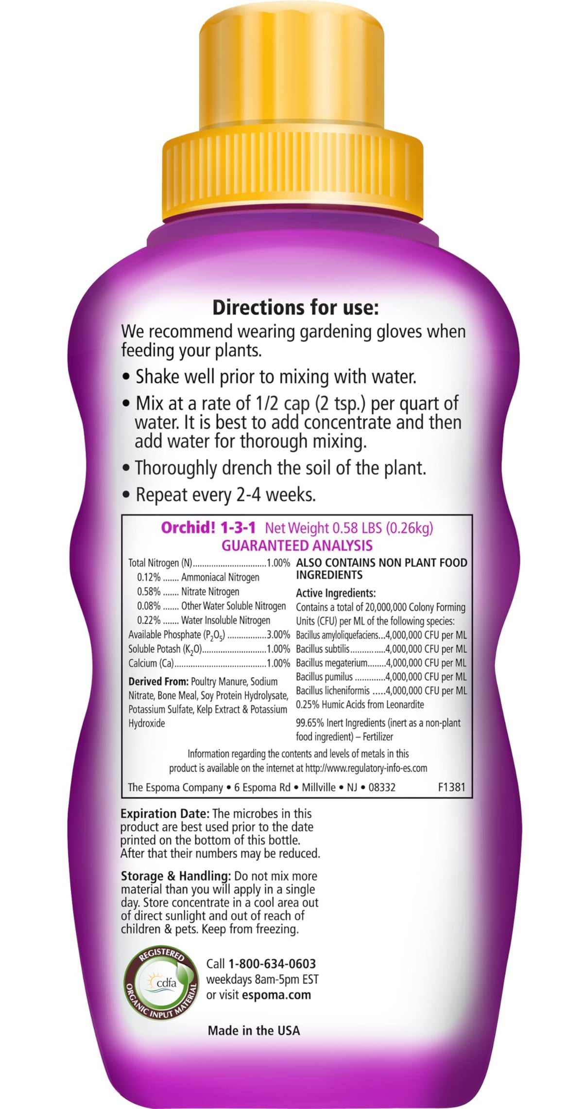 Espoma Orchid dose cap demonstrates easy feeding for thriving plants.