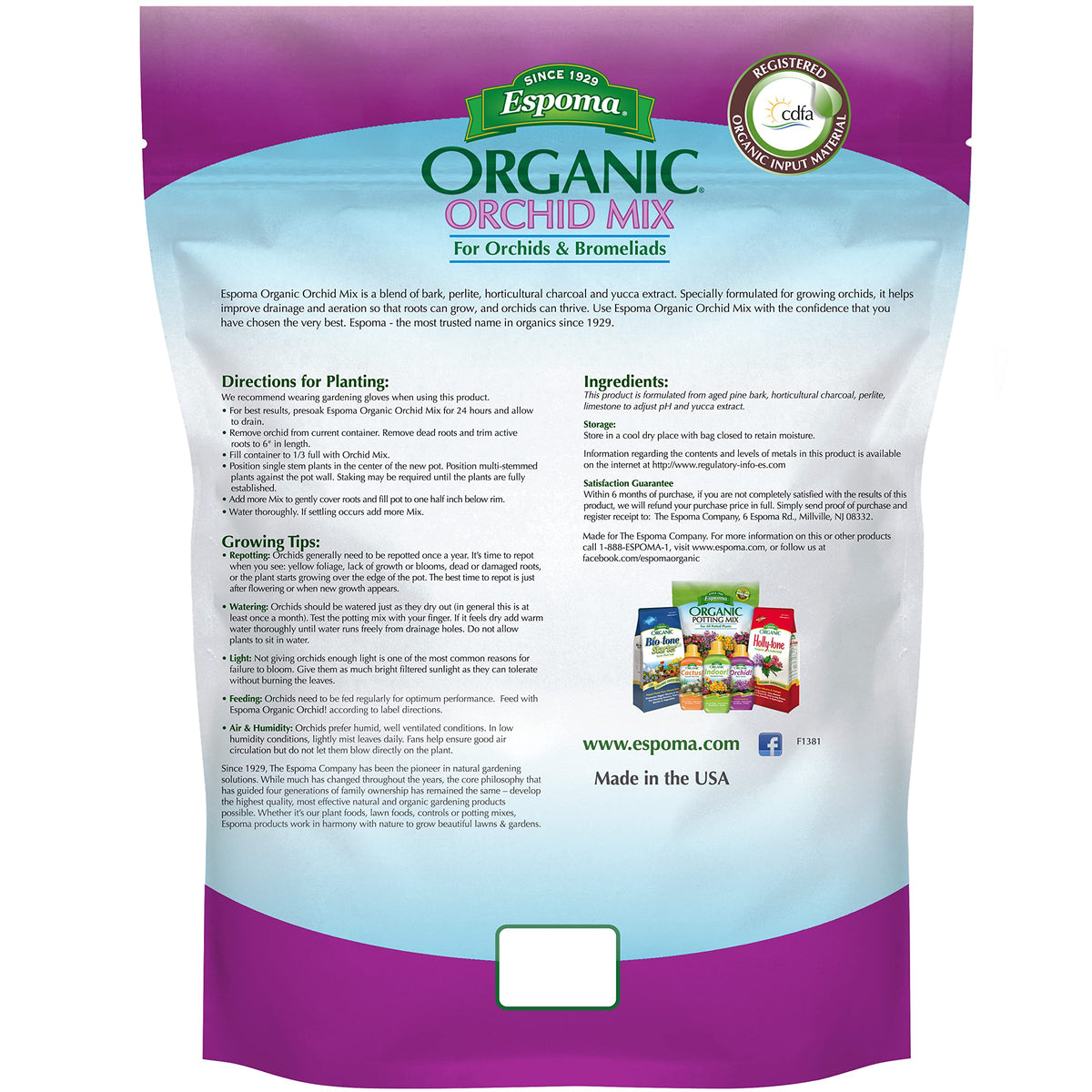 Espoma Orchid Mix pine-bark-perlite image highlights natural ingredients for healthy root growth.