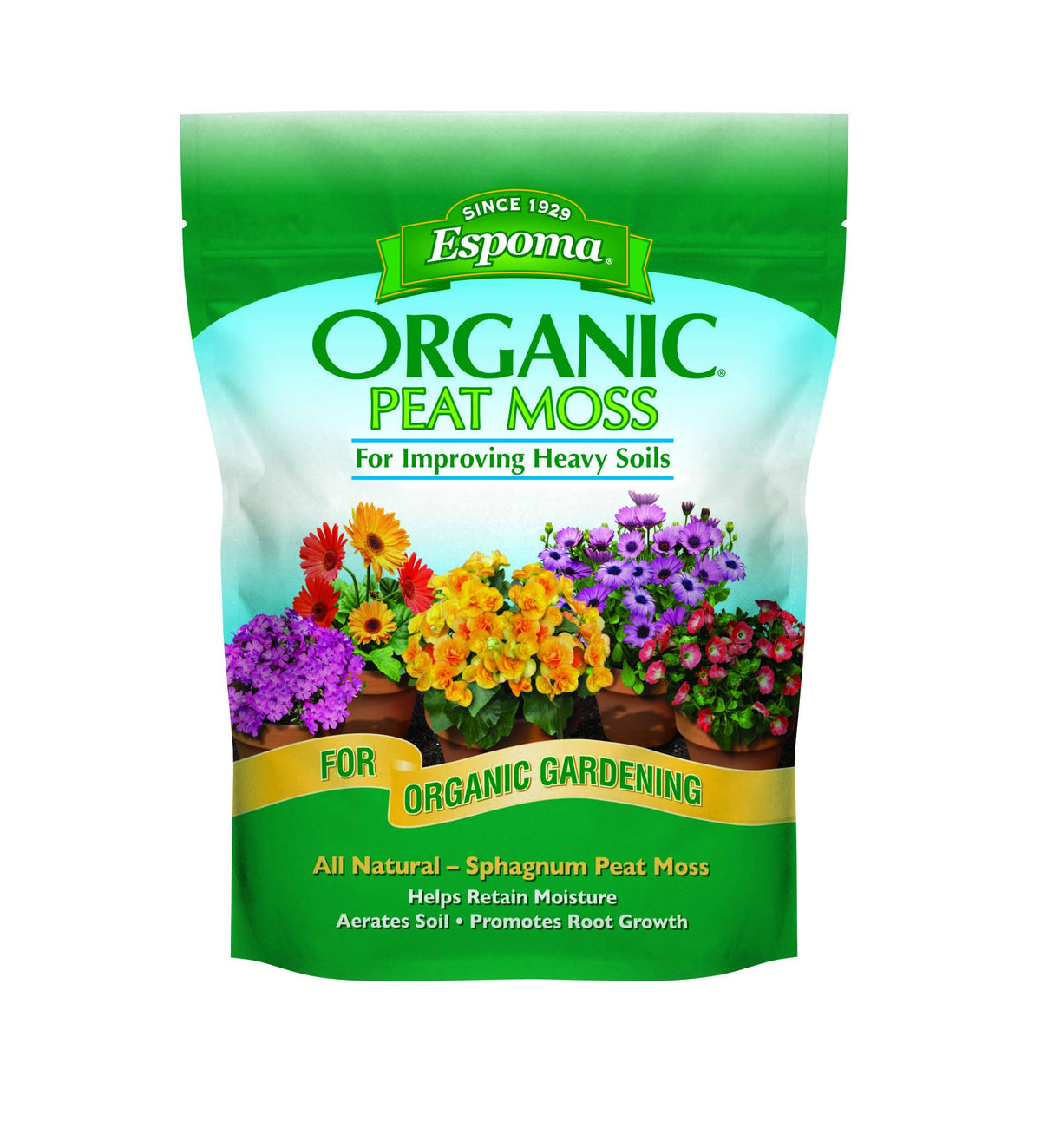Espoma Organic Peat Moss bag for potting mixes, enhancing moisture retention and soil aeration.