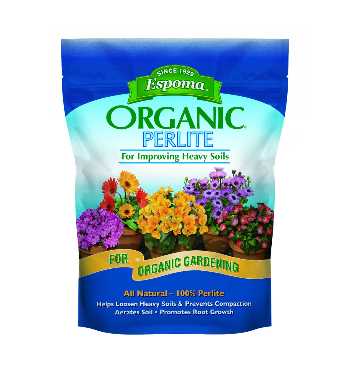 Espoma Organic Perlite bag front promotes organic gardening and soil aeration.