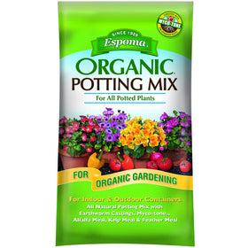 Espoma Organic Potting Soil 16qt bag close-up, rich texture for healthy root growth.