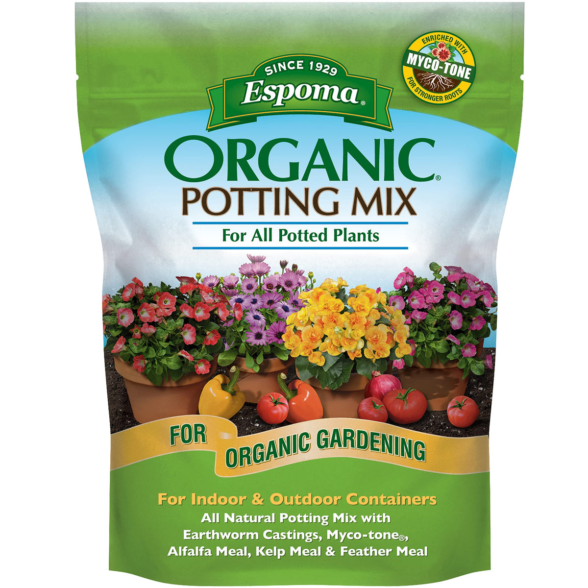 Espoma Organic Potting Soil bag front promotes healthy container plants.