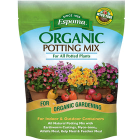 Espoma Organic Potting Soil bag front promotes healthy container plants.