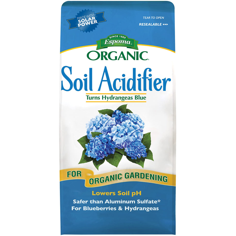 Espoma Organic Soil Acidifier pour bottle for pH adjustment and greener plants.