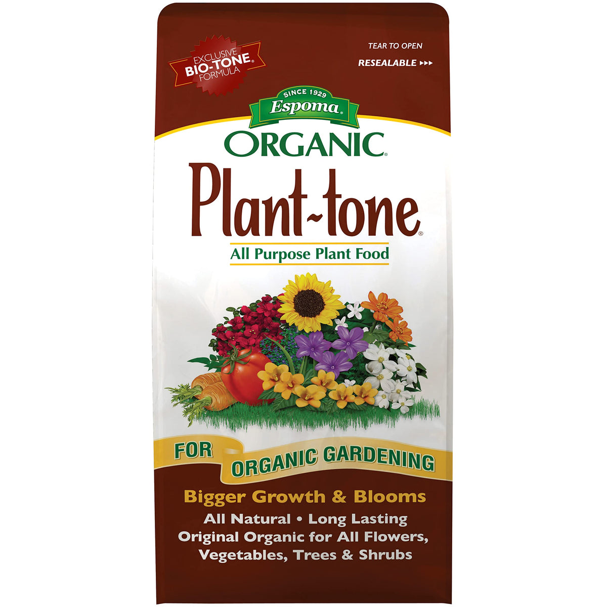 Espoma Plant-Tone 4 lb bag front view; ready-to-use organic fertilizer for all plants.