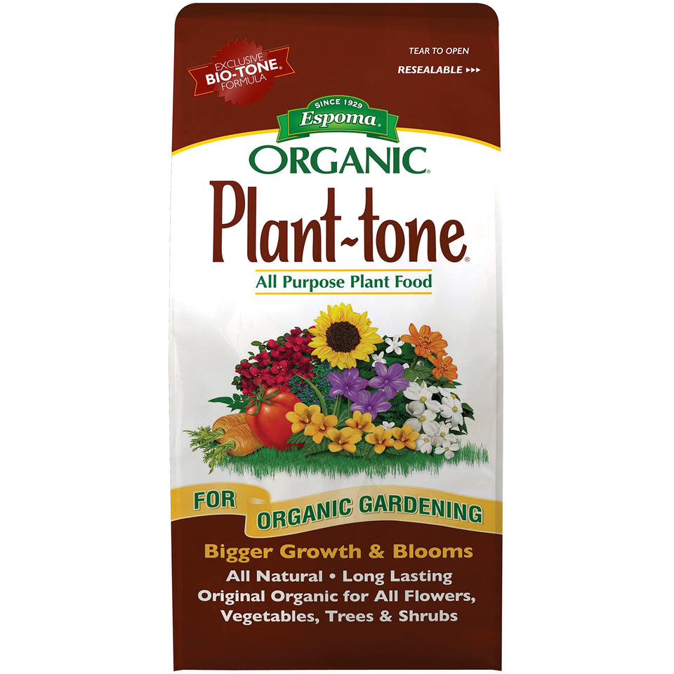 Espoma Plant-Tone 4 lb bag front view; ready-to-use organic fertilizer for all plants.