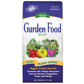 Espoma plant food supports blooming flowers and vegetables in home beds.