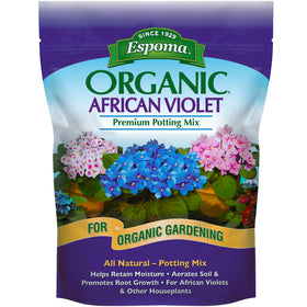 Espoma potting soil for African Violets; promotes healthy root growth and vibrant blooms.