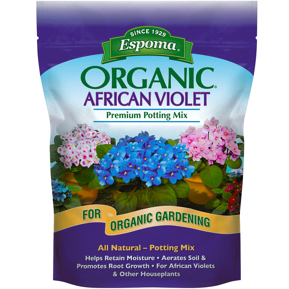 Espoma potting soil for African Violets; promotes healthy root growth and vibrant blooms.