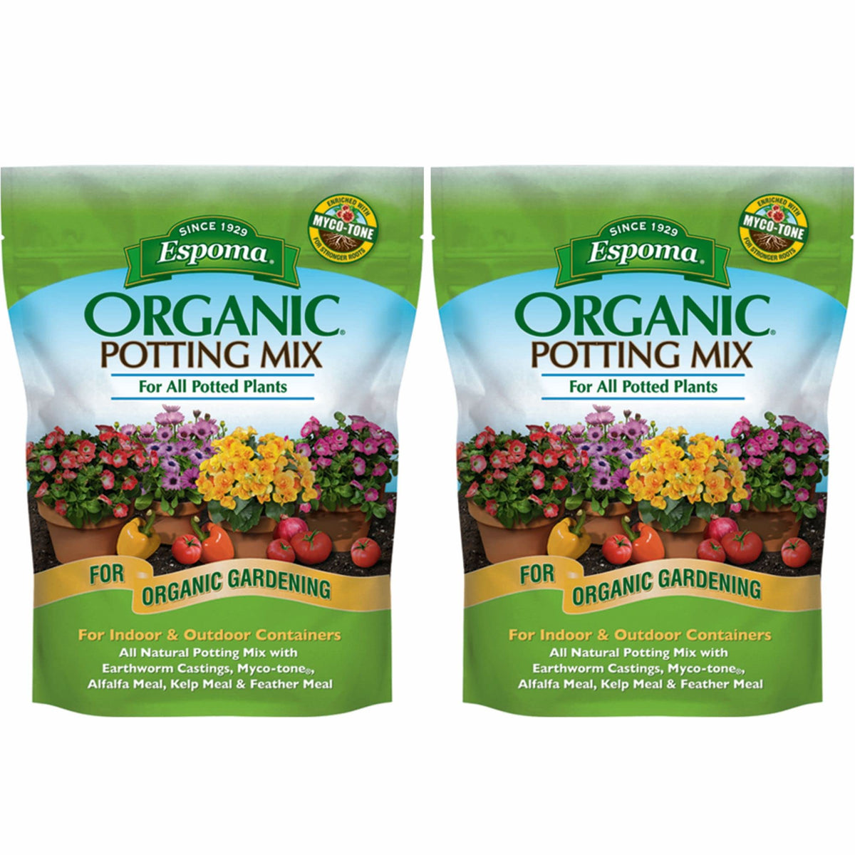 Espoma organic potting soil bag closeup showing natural ingredients for containers