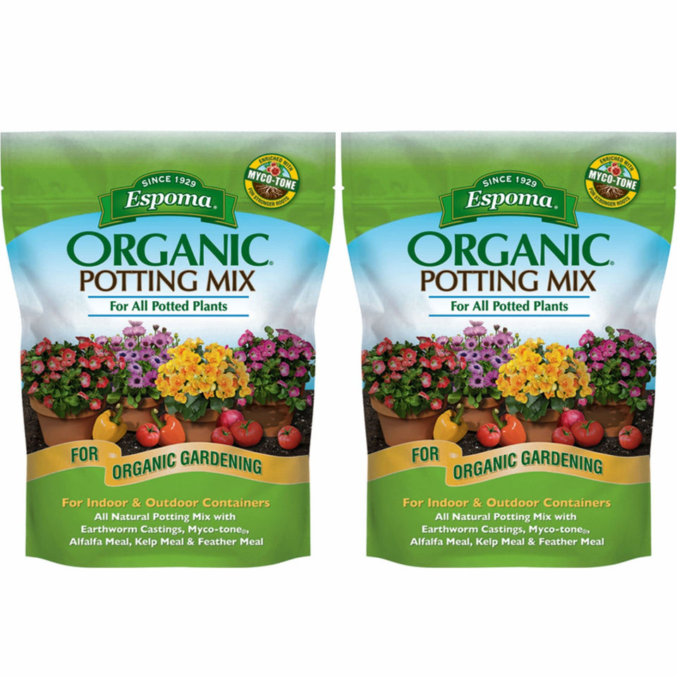 Espoma organic potting soil bag closeup showing natural ingredients for containers