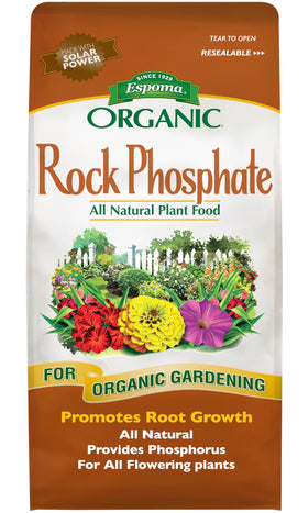Espoma Rock Phosphate 7-25 lb bag boosts phosphorus for root growth and flowering in outdoor beds.