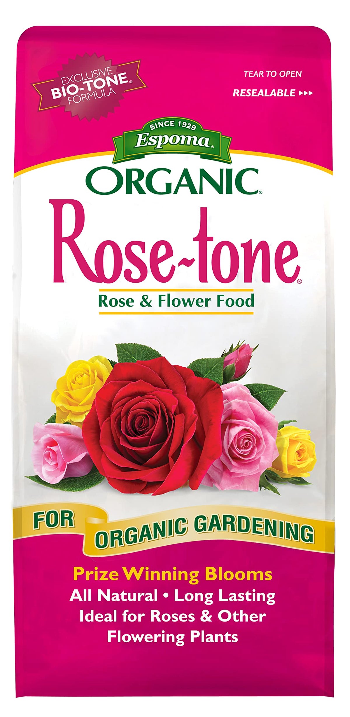 Espoma Rose-Tone 4-3-2 fertilizer bag for organic roses and flowering plants.