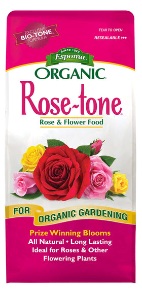 Espoma Rose-Tone 4-3-2 fertilizer bag for organic roses and flowering plants.