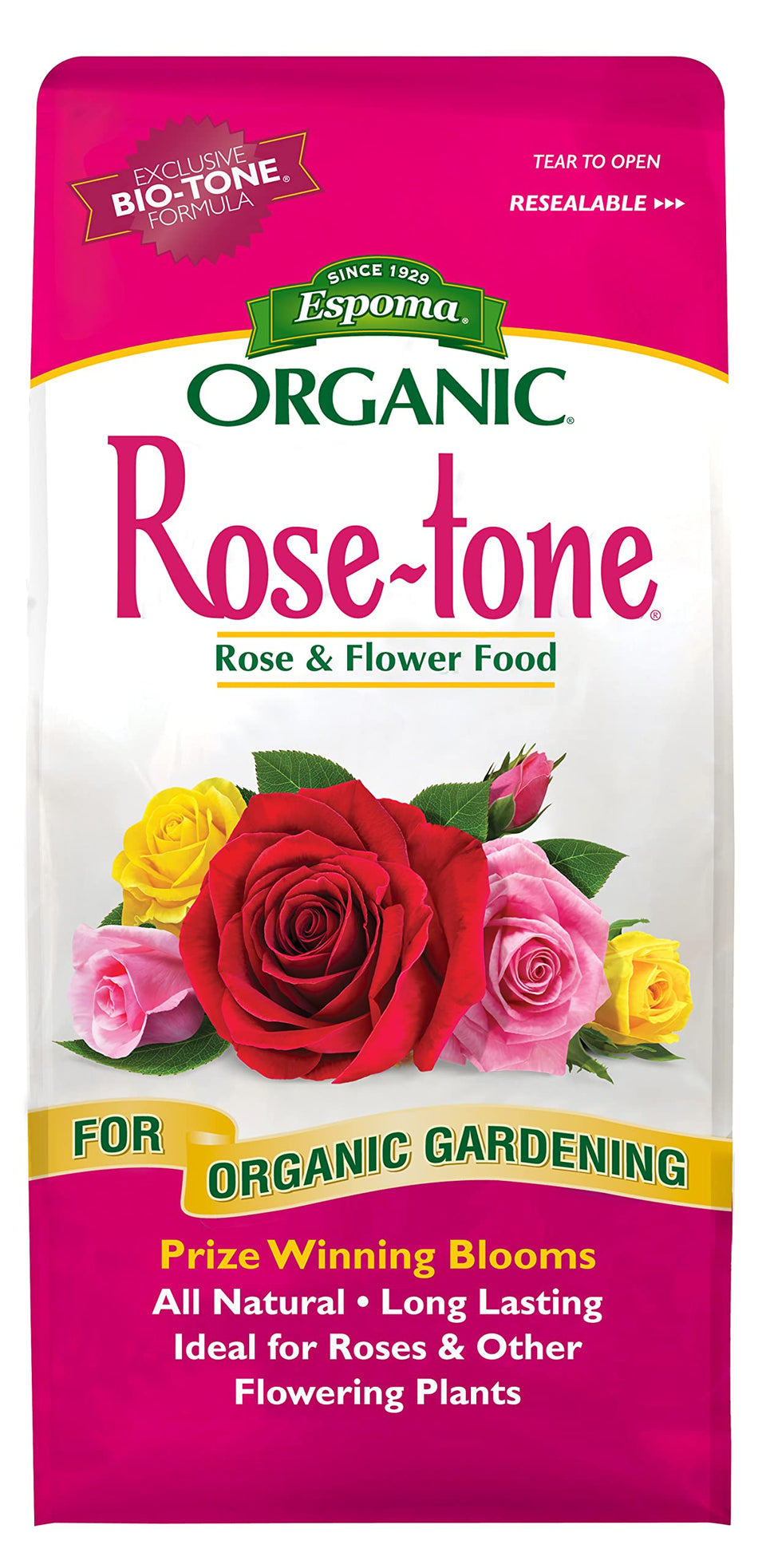 Espoma Rose-Tone 4-3-2 fertilizer bag for organic roses and flowering plants.