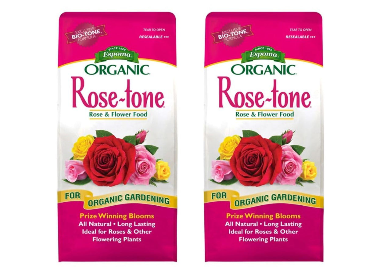 Espoma Rose-Tone bag front view promoting organic fertilizer for roses.