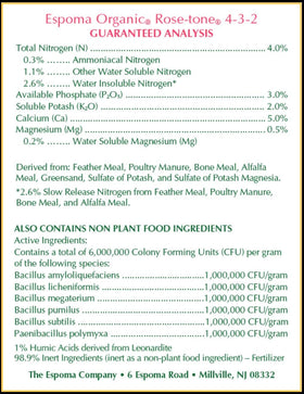 Espoma Rose-Tone Bio-Tone ingredients support soil biology.