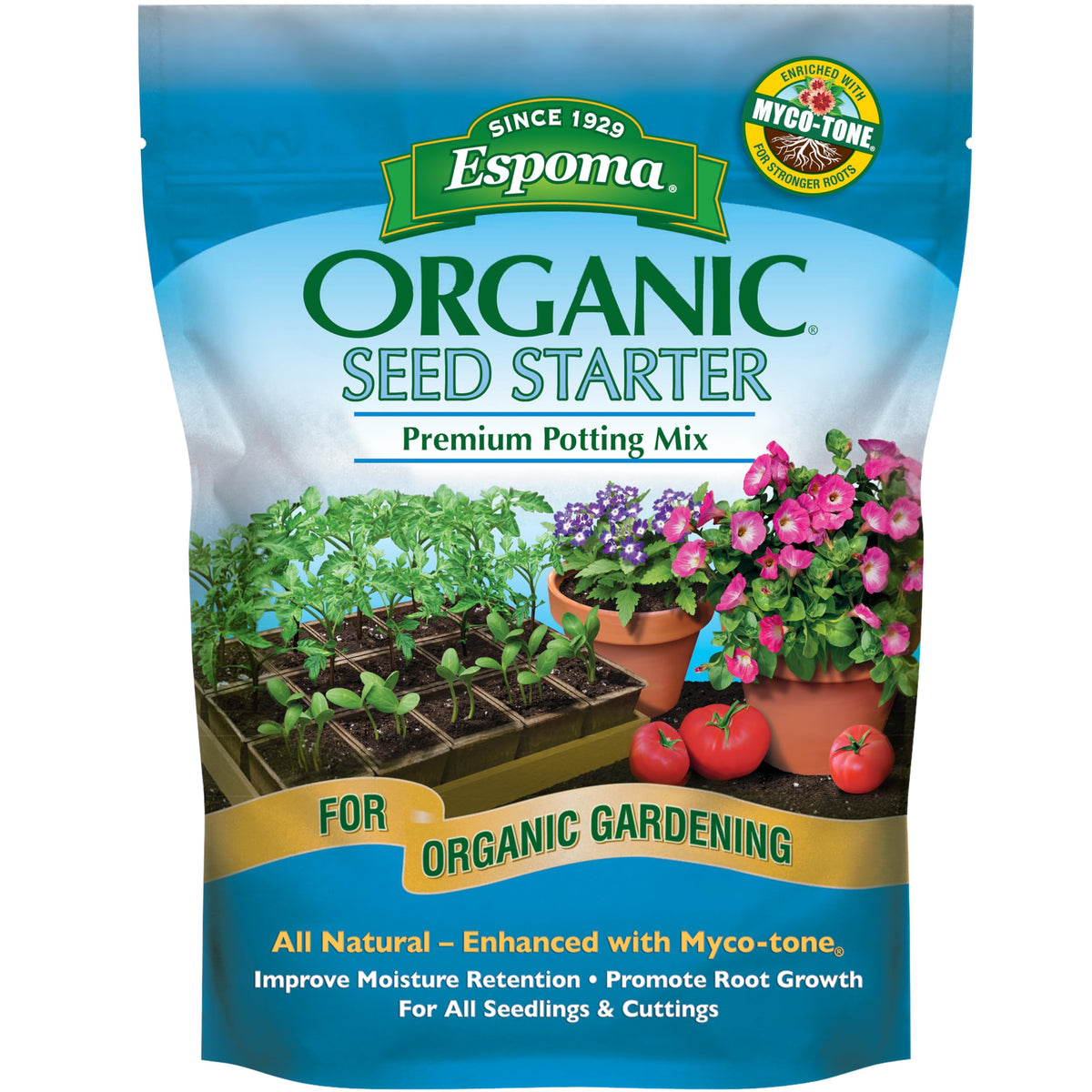Espoma seed starter 8qt bag; rich organic mix supports healthy seedling growth.