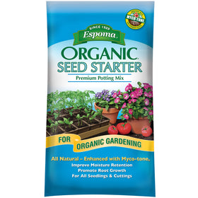 Espoma seed starter mix bag closeup for organic germination and seedling vigor.