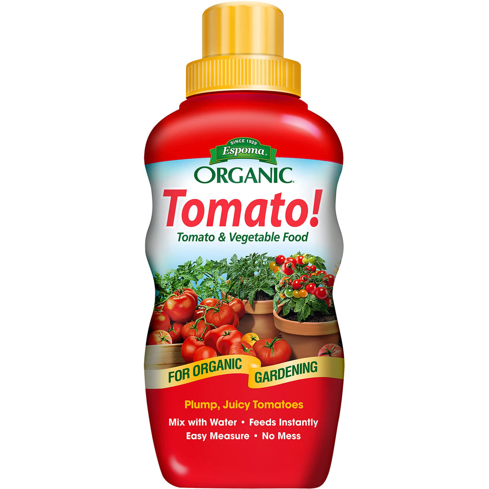 Espoma Tomato! Organic Plant Food bottle pour for thriving tomatoes.