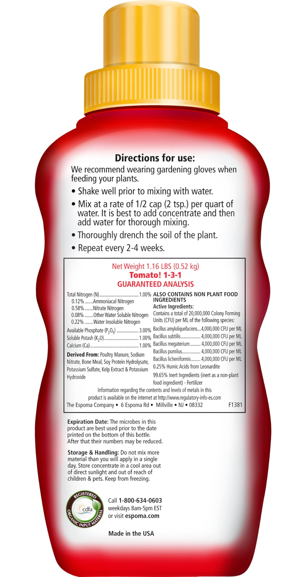 Espoma Tomato! Organic Plant Food label close-up highlighting organic ingredients.