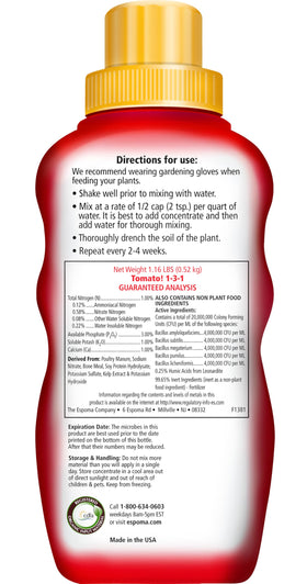 Espoma Tomato! Organic Plant Food label close-up highlighting organic ingredients.
