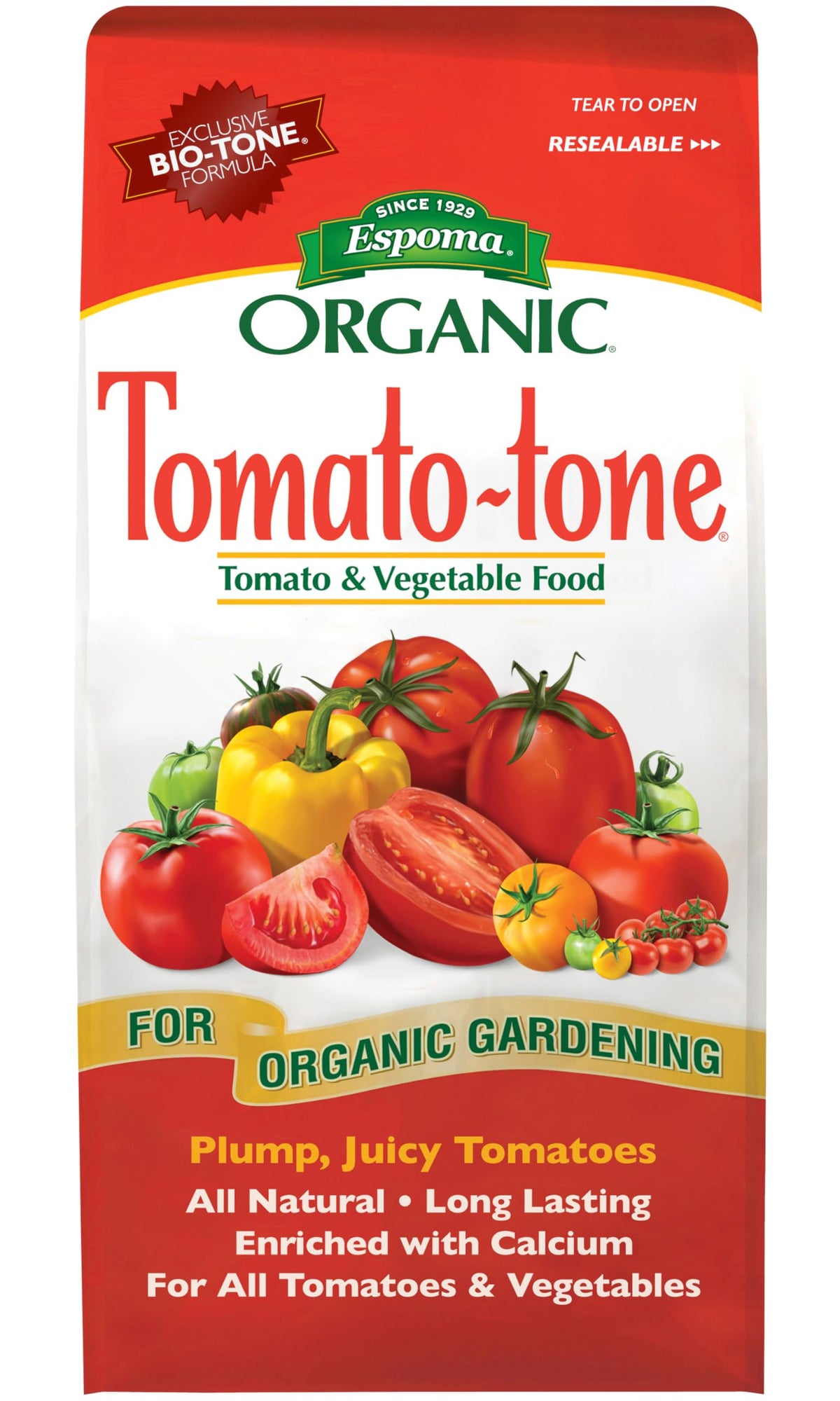 Espoma Tomato-Tone bag front for organic fertilizer designed for thriving tomatoes.