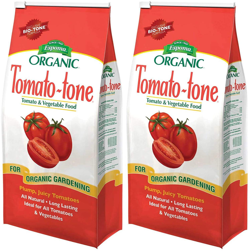 Espoma Tomato-Tone 2-pack bag for healthy tomato growth and preventing blossom end rot.