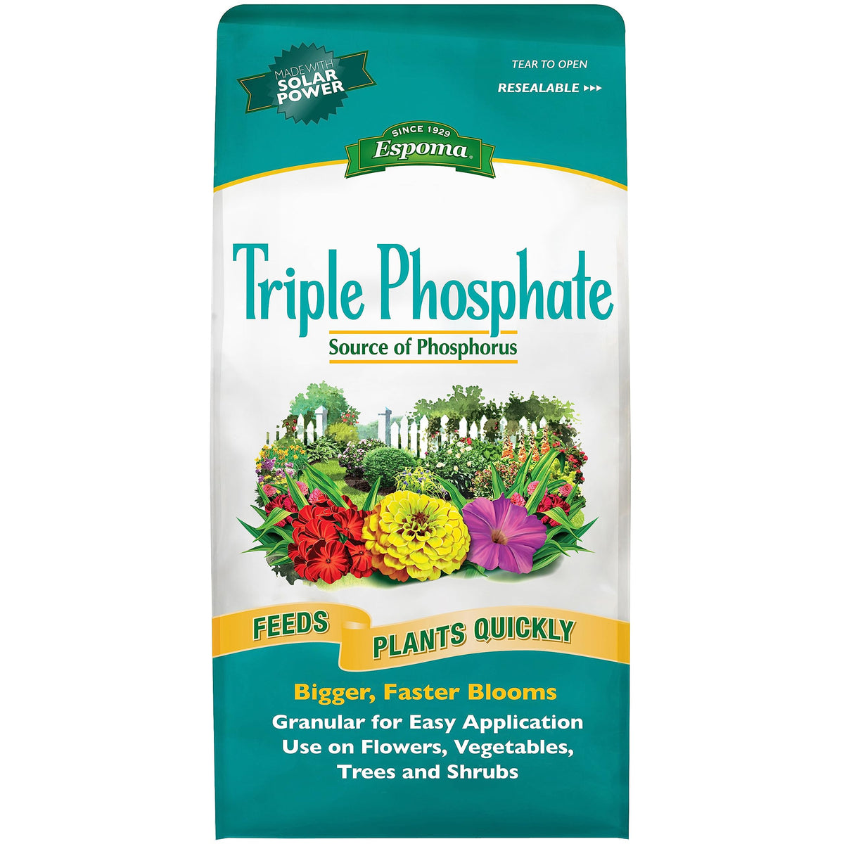 Espoma Triple Phosphate granules (0-45-0) boosting root growth and blooming in garden plants.