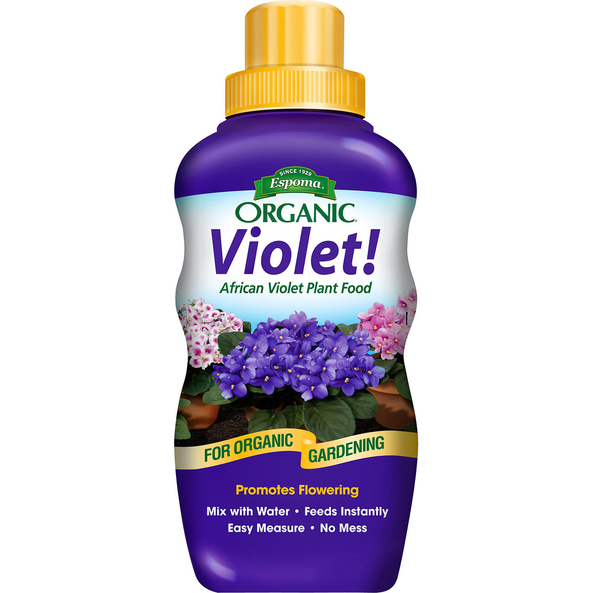 Espoma Violet! bottle pour showing easy fertilizer application for lush violet blooms.