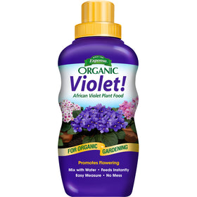 Espoma Violet! bottle pour showing easy fertilizer application for lush violet blooms.