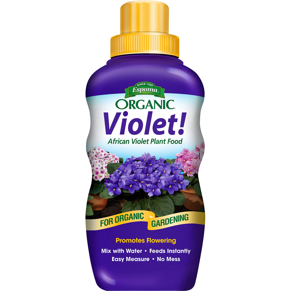 Espoma Violet! bottle pour showing easy fertilizer application for lush violet blooms.