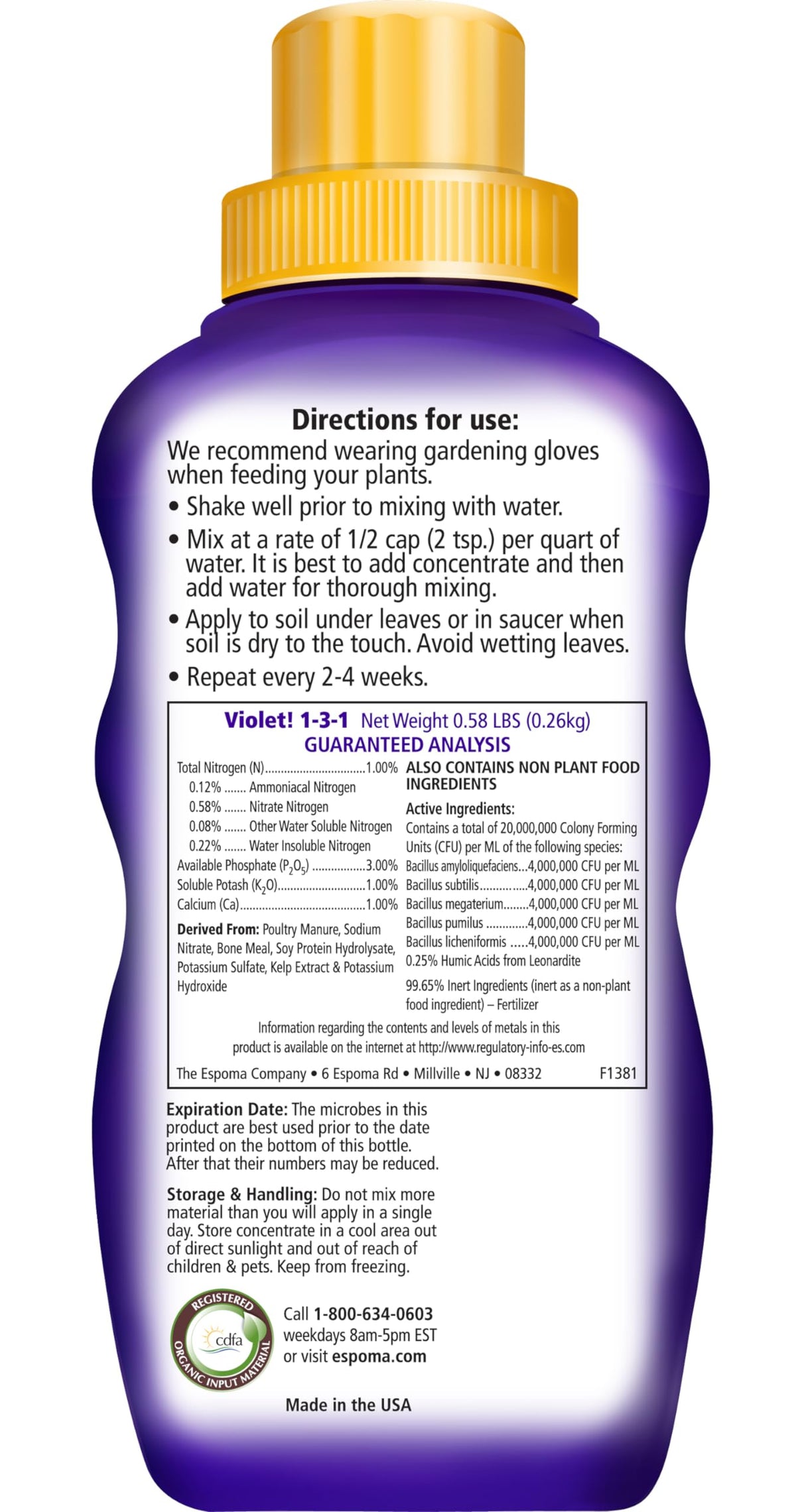 Espoma Violet half-cap dosing illustrated for precise feeding.