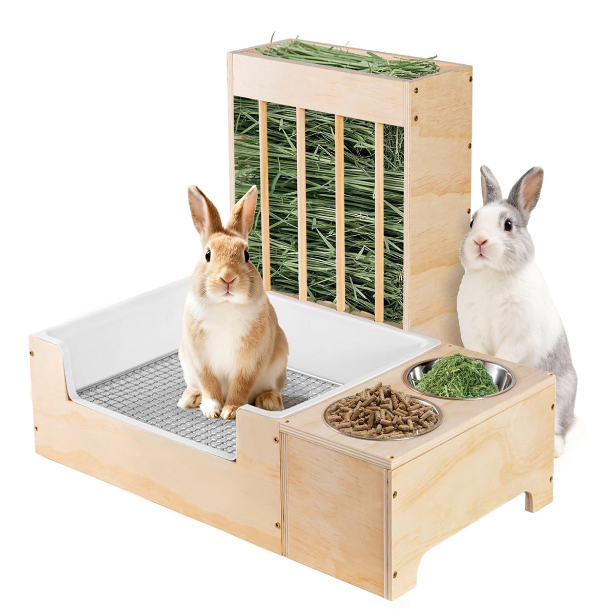 Essenhome 3in1 rabbit litter box with hay feeder and bowls keeps hay accessible and clean