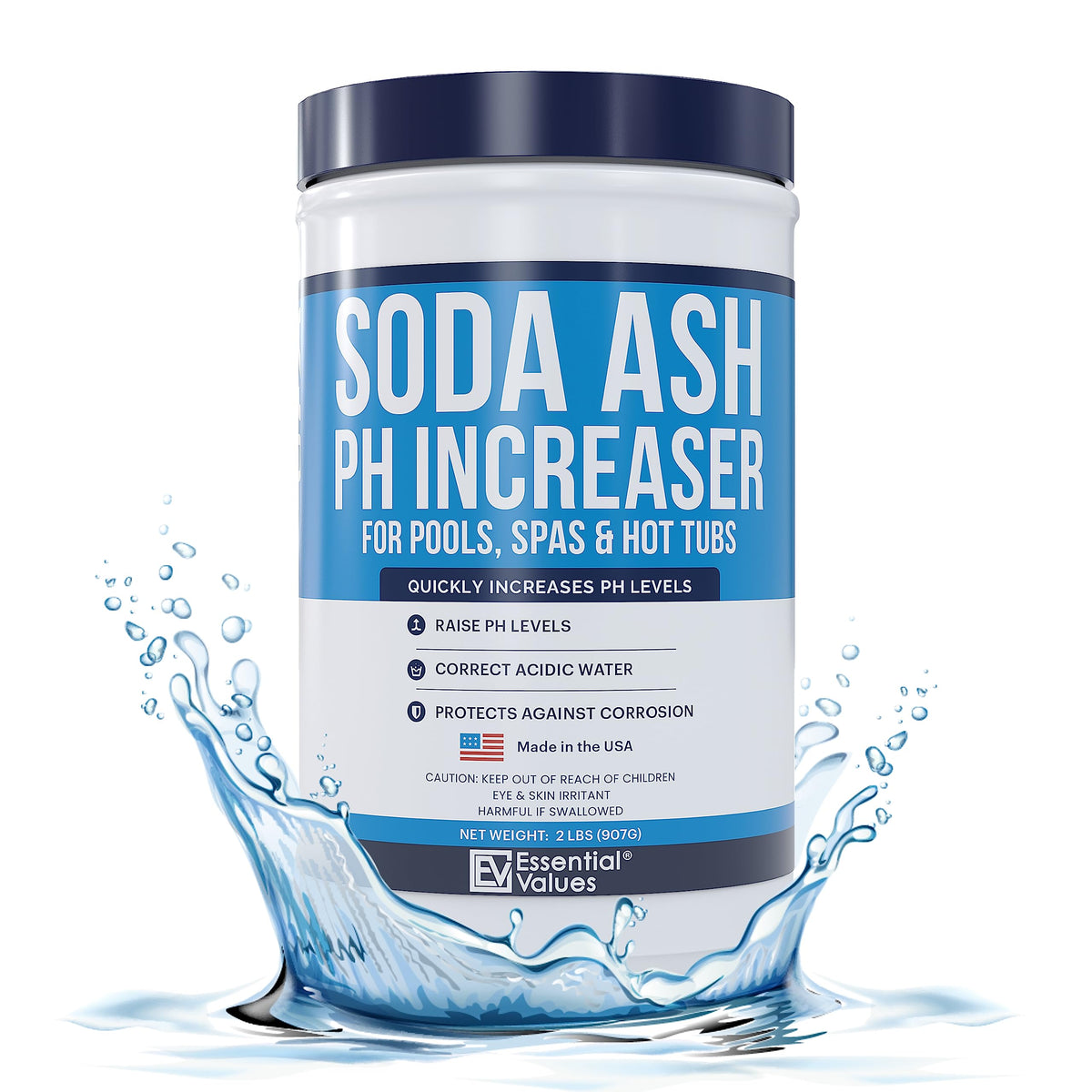 Essential Values PH Increaser bottle front for easy pool pH control.