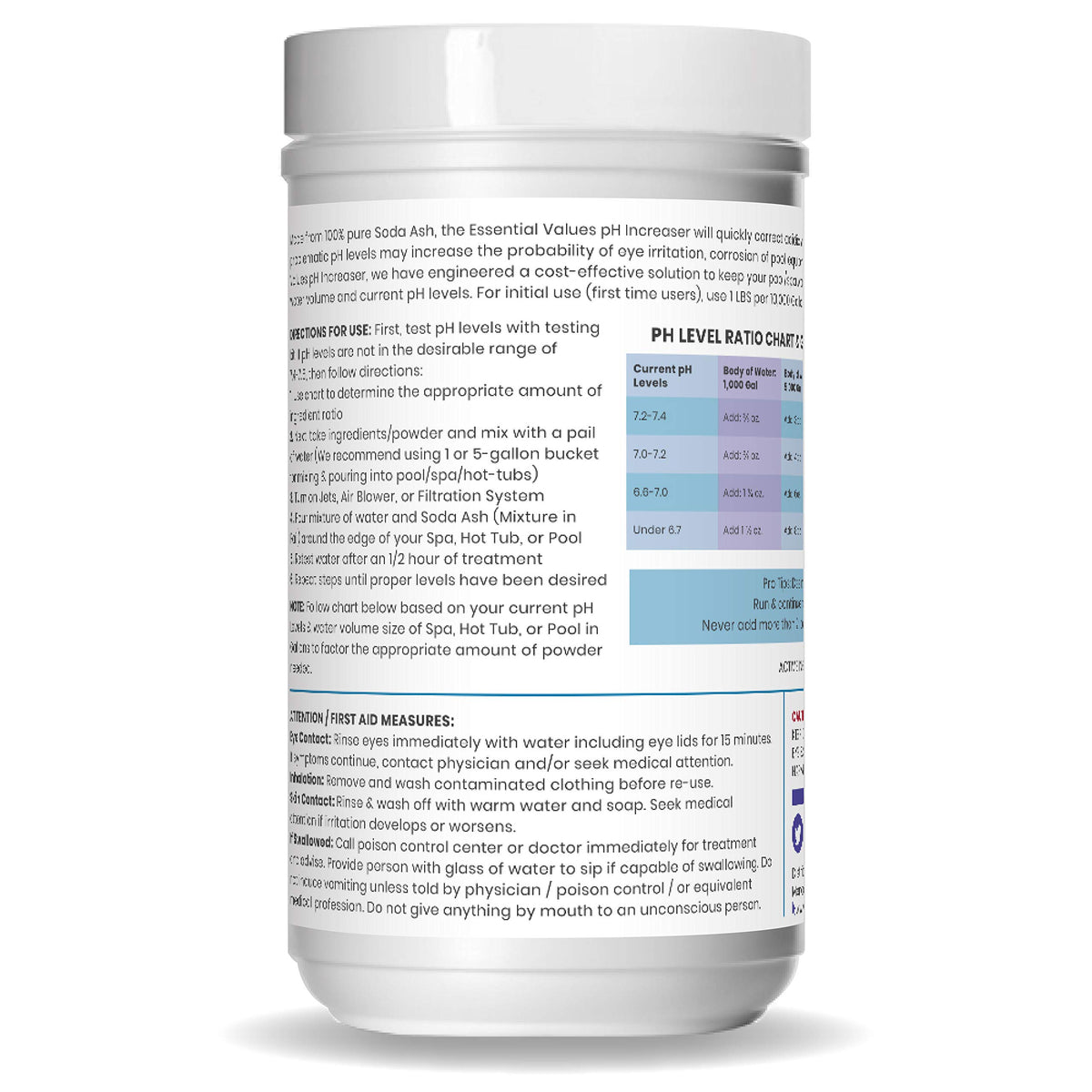Essential Values PH Increaser label detail highlighting ingredients and USA-made quality.