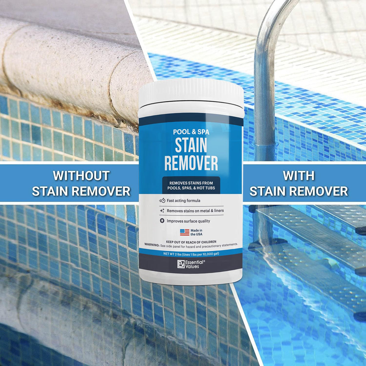 Essential Values pool cleaner powder being dispensed for easy, chemical-free treatment.