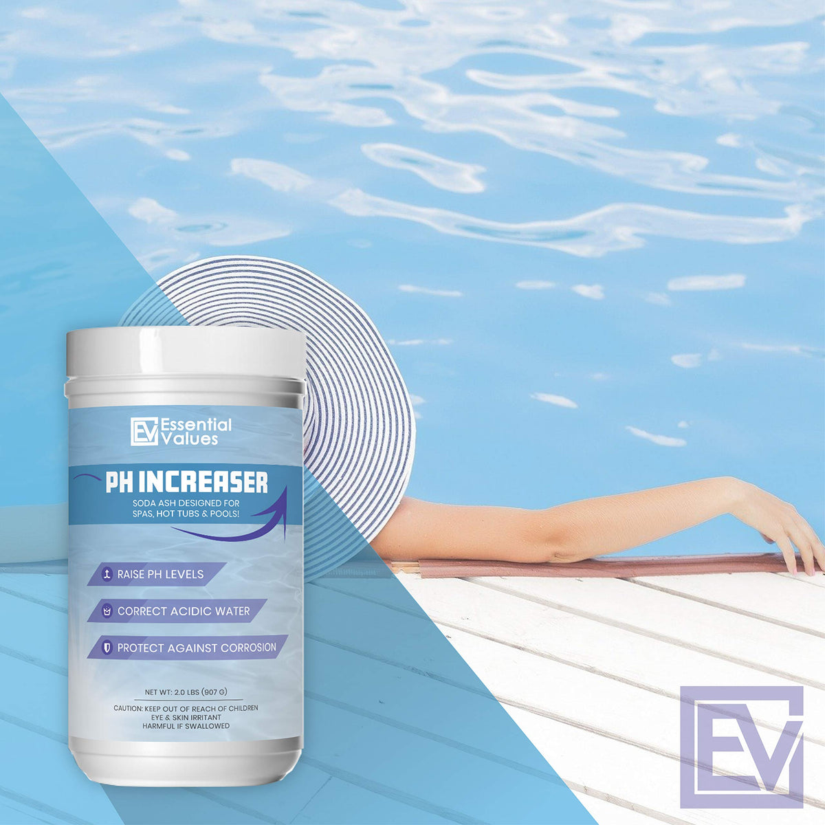Essential Values pool water clarity scene emphasizes improved surface finish after treatment.
