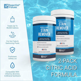 Essential Values rust stain remover close-up highlighting rust elimination on pool surfaces.