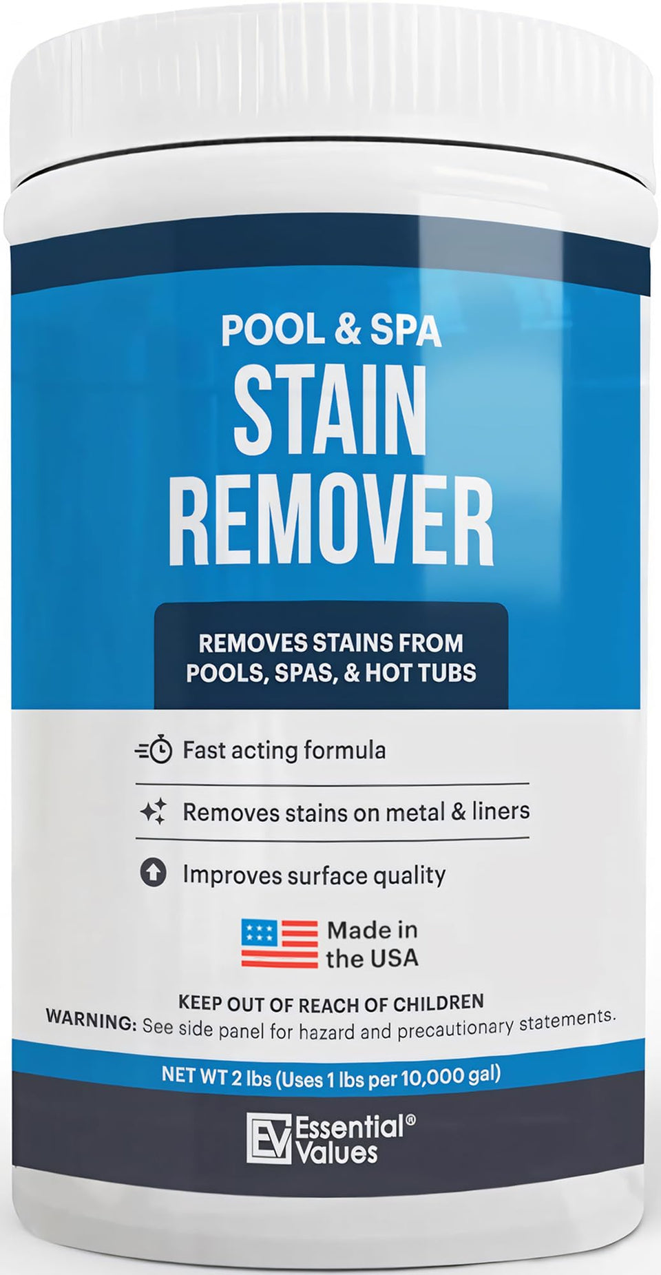 Essential Values Swim Pool Stain Remover bottle closeup showing rust stain removal potential.