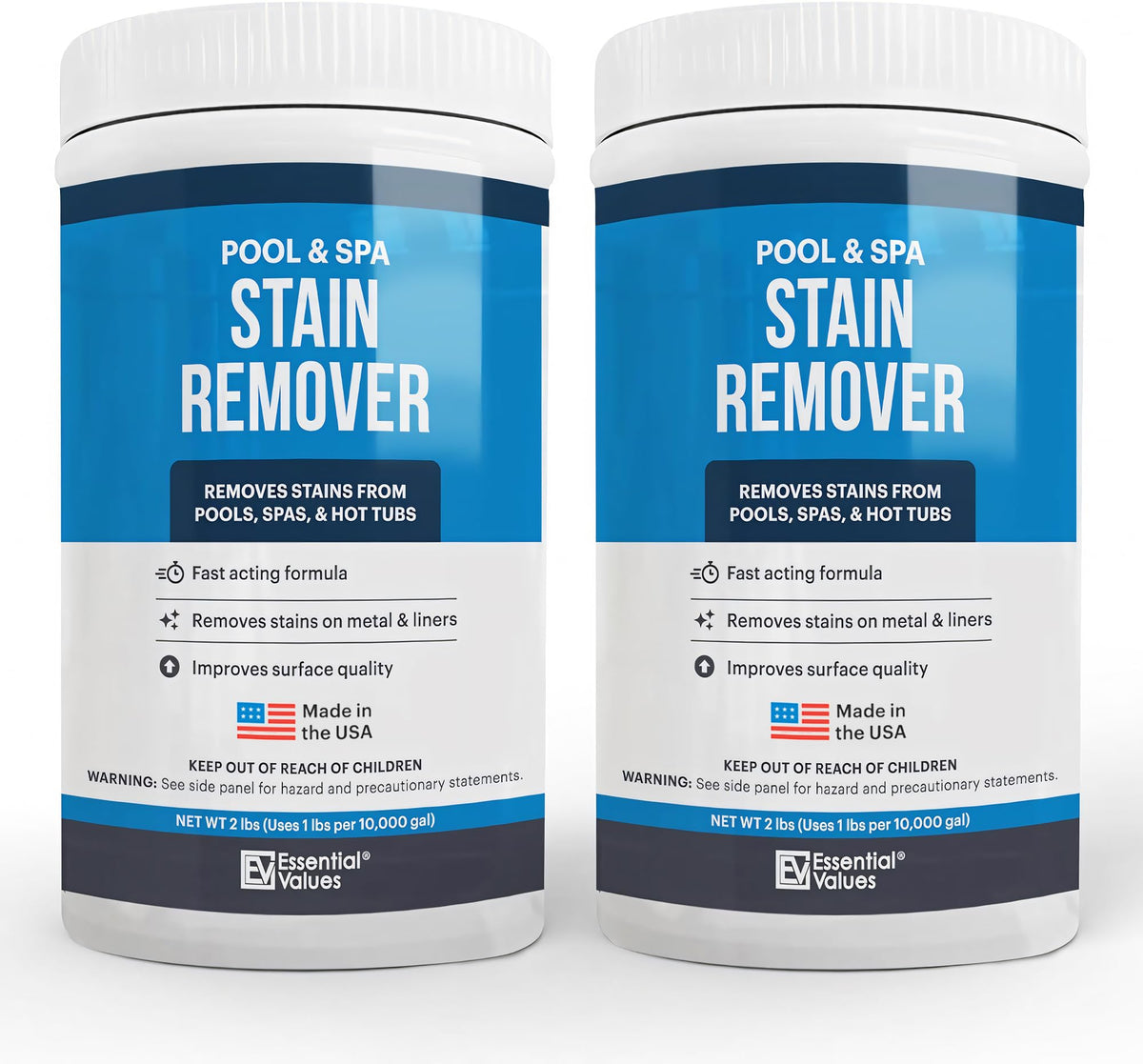 Essential Values pool stain remover bottle shows tough stain action for vinyl, fiberglass, and metal surfaces.