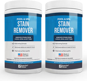 Essential Values pool stain remover bottle shows tough stain action for vinyl, fiberglass, and metal surfaces.