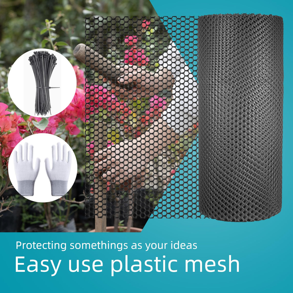 ESSFF black plastic netting close-up highlights durable weather-resistant mesh.