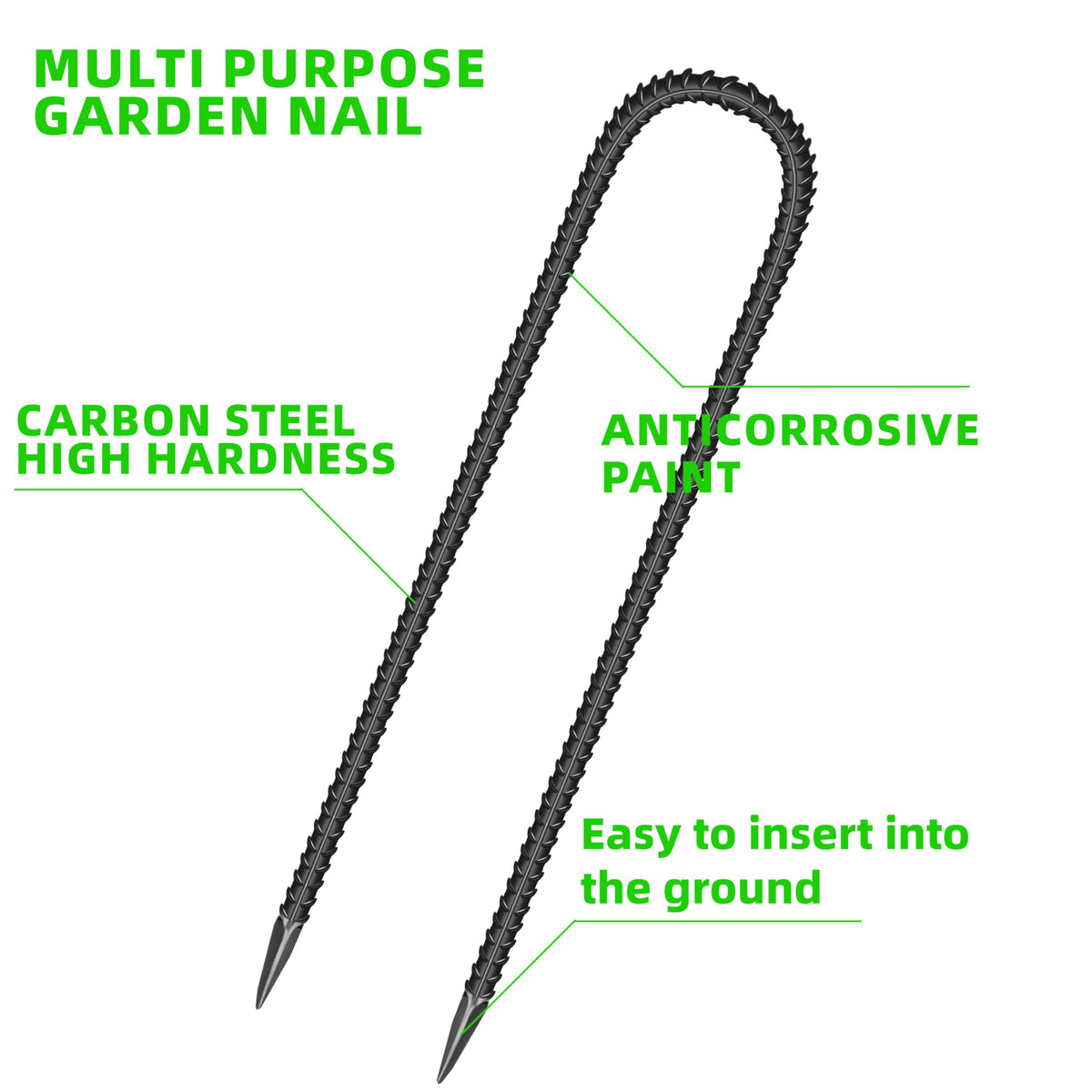 ESSFF U-shaped rebar stake with sharp end facilitates easy insertion.