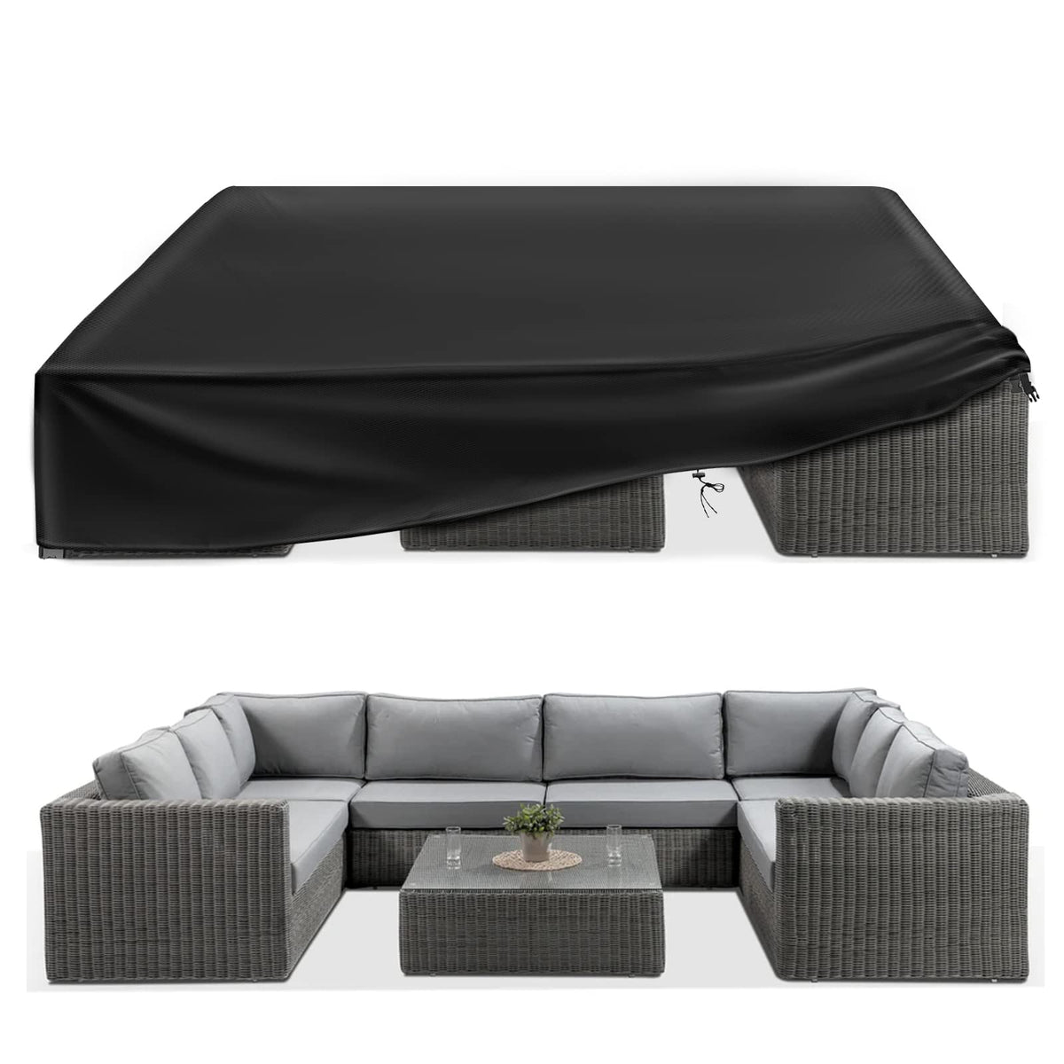 ESSORT extra large patio cover protecting a 12-seat dining set from rain and sun