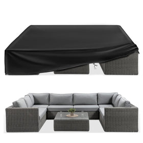 ESSORT extra large patio cover protecting a 12-seat dining set from rain and sun