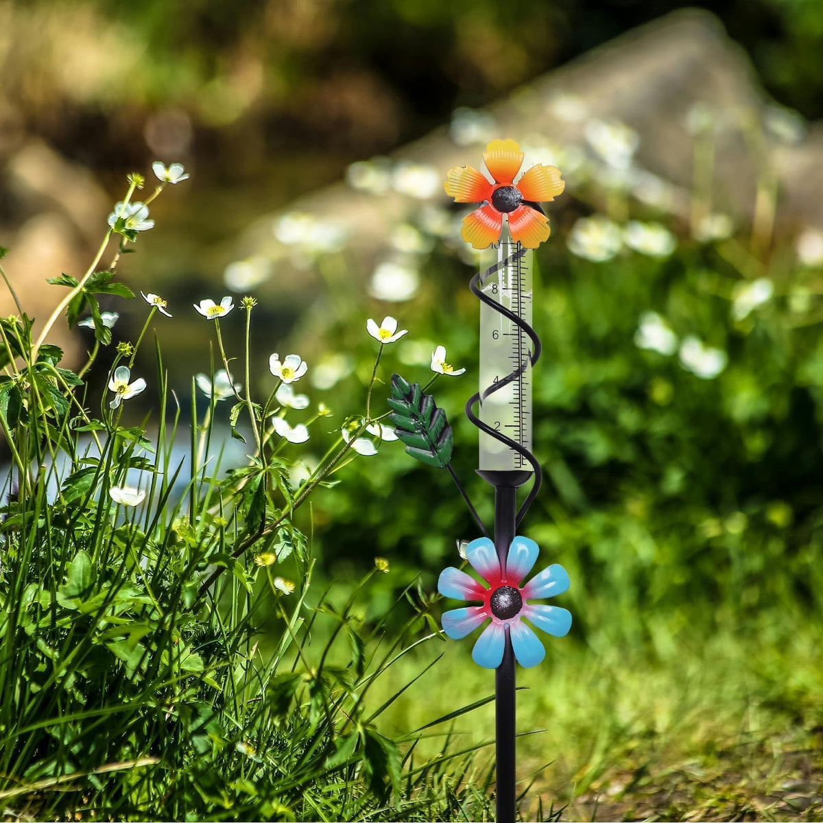ESTTOP Flower Rain Gauge installs in minutes with a simple two-piece setup